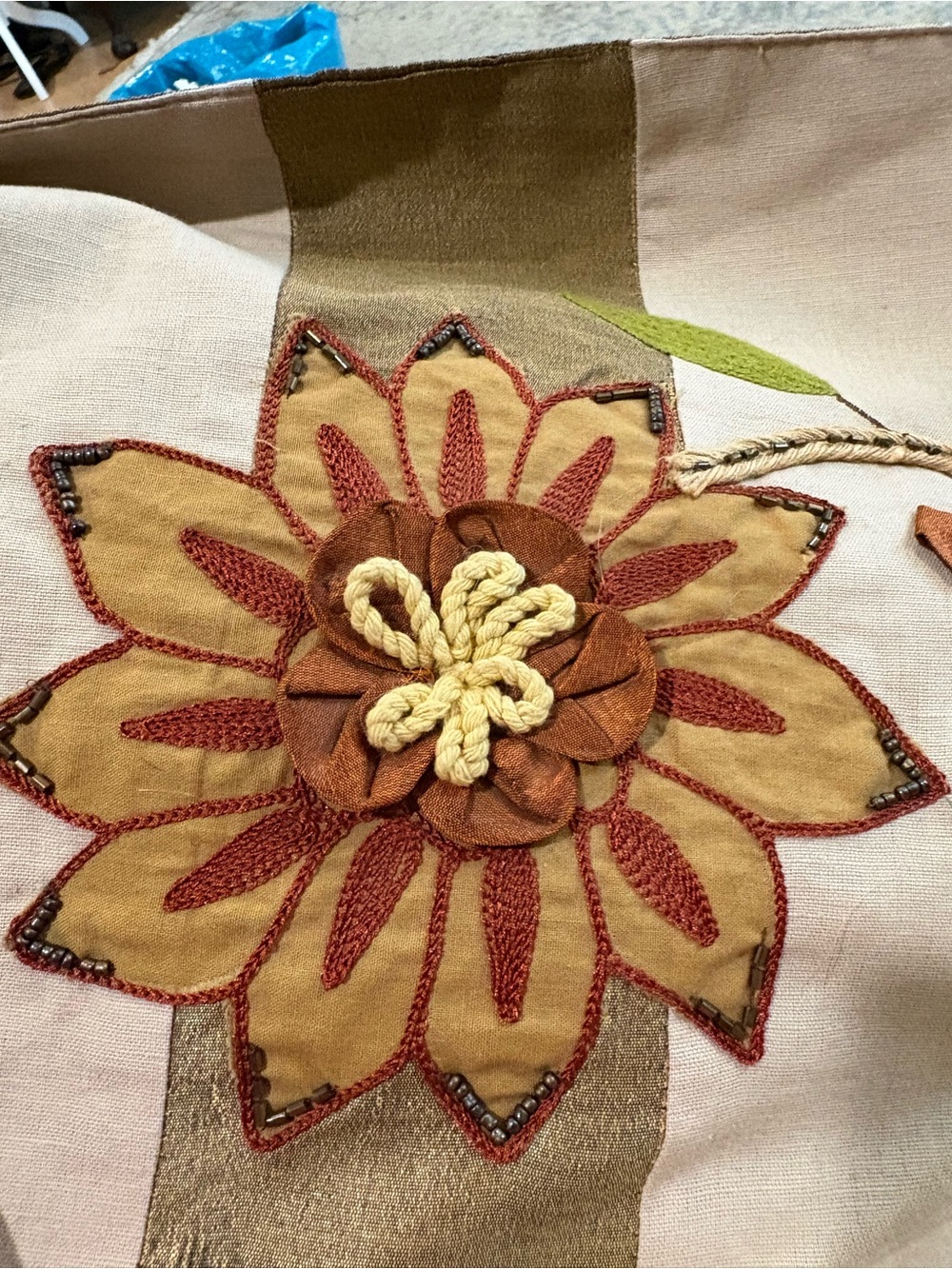 Pier 1 Striped Floral Table Runner in Brown green orange and Cream beads embroid - Picture 9 of 11